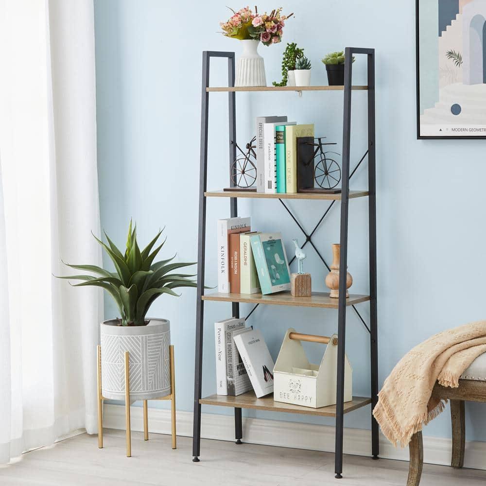 LuxenHome 4-Shelf 58.3" x 23.62" W Wood and Metal Ladder Bookcase. Brown