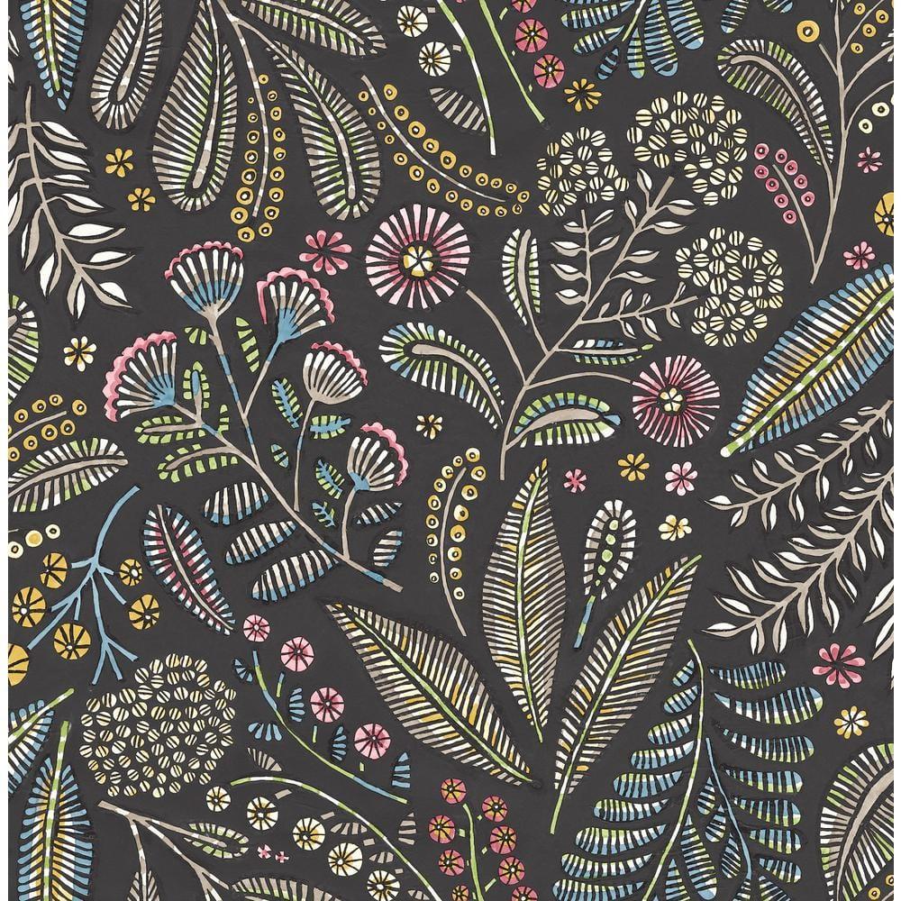 Briar Charcoal Floral Wallpaper with Colorful Detailing
