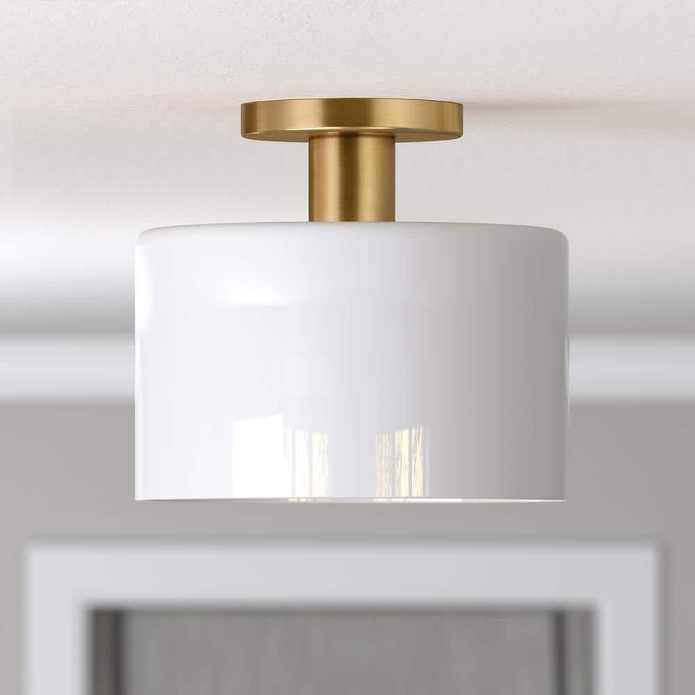 Henn&Hart 10" Brass Finish Metal/Glass Semi Flush Mount