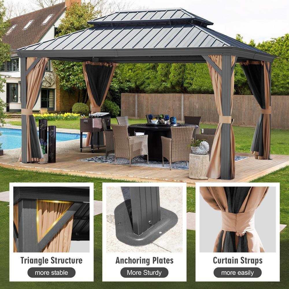 Kozyard Kozyard Alexander Gray Double Roof Hardtop Gazebo with Privacy Curtain Mosquito Netting