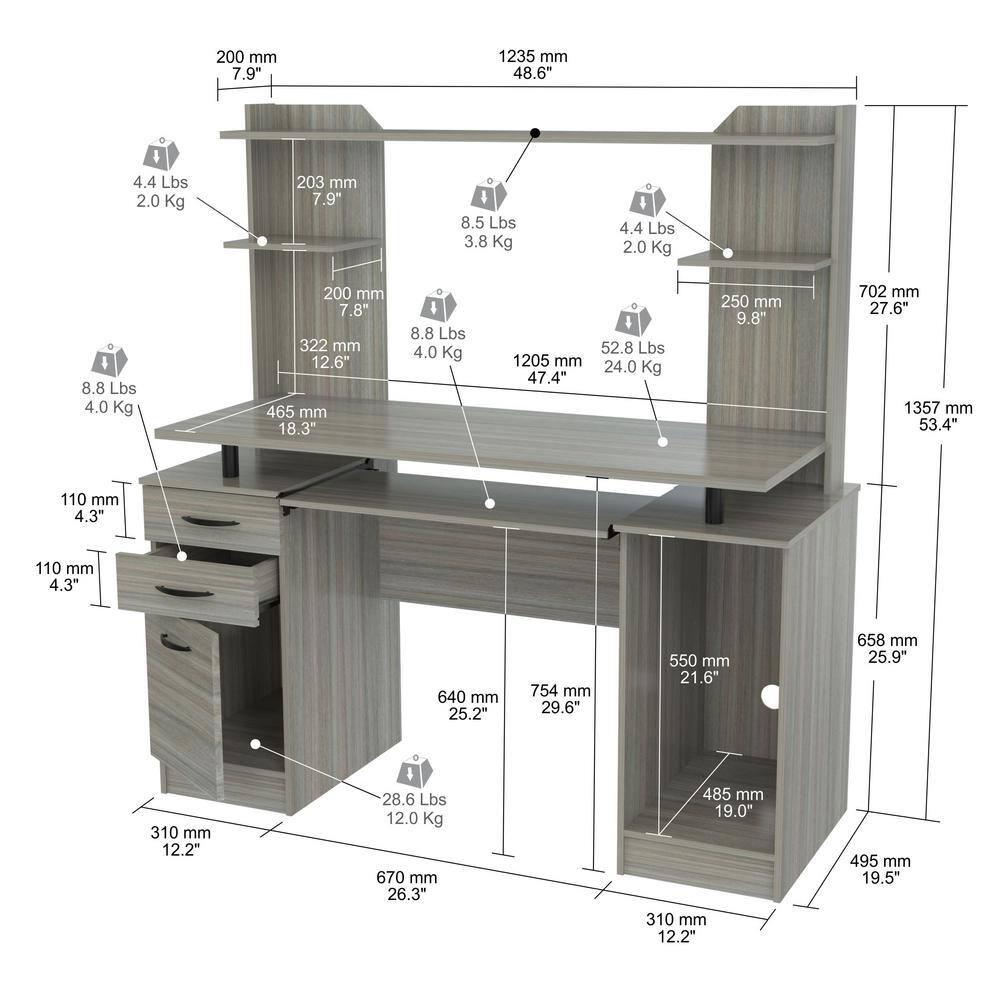 Computer Workcentre With Hutch Smoke Oak - Inval: Modern Laminate Writing Desk, MDF Frame, Open Shelf Storage