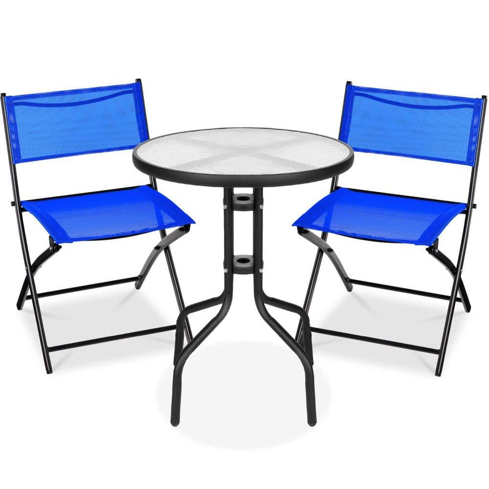 George Oliver 3-Piece Patio Bistro Dining Furniture Set W/ Glass Tabletop, Folding Chairs