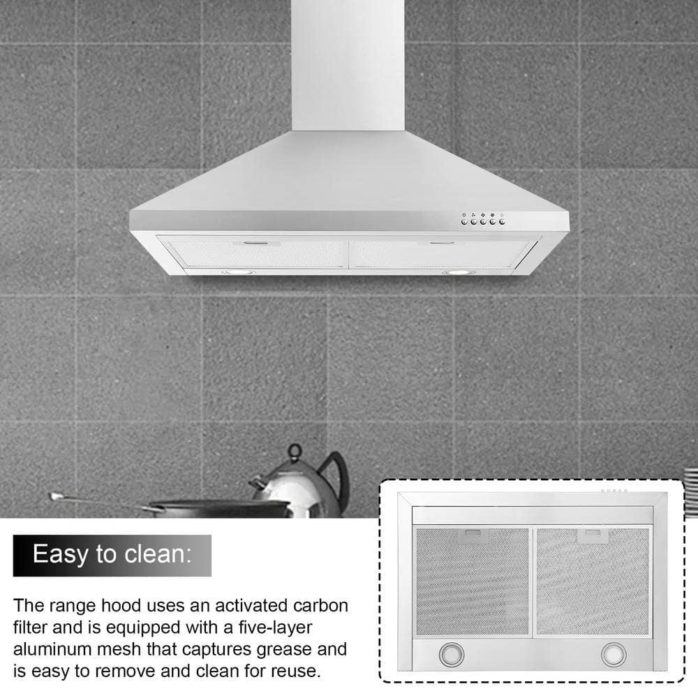 FIREGAS Range Hood 30 inch Wall Mount Type with Ducted/Ductless Convertible, 450 CFM Stainless Steel Chimney-Style Kitchen Hood, Over Stove Vent Hood with 3 Speed Fan, LED Light, Charcoal Filters