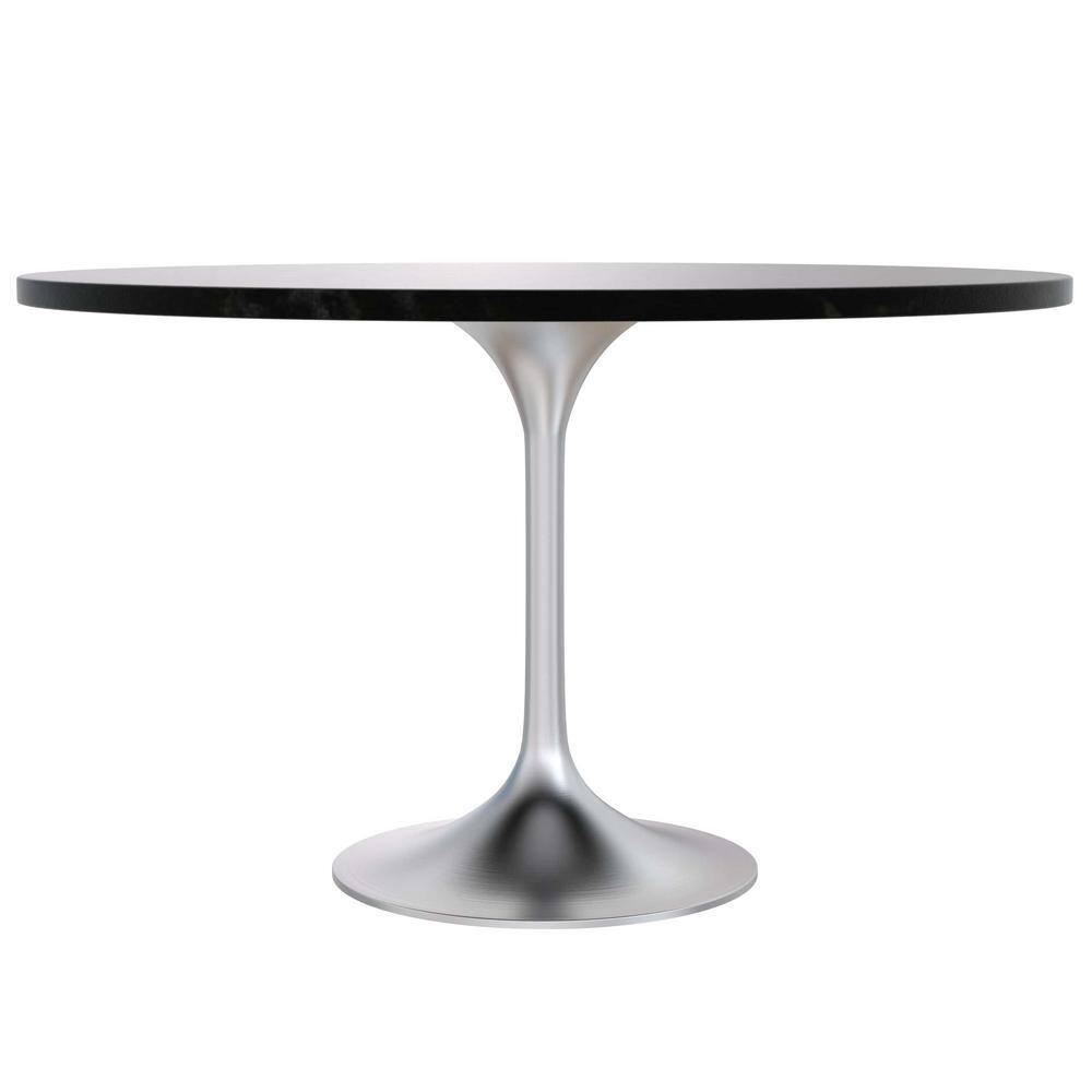 LeisureMod Verve Mid-Century Modern 48" Round Table with MDF Top and Brushed Chrome Pedestal Base for Dining Room and Kitchen in Black
