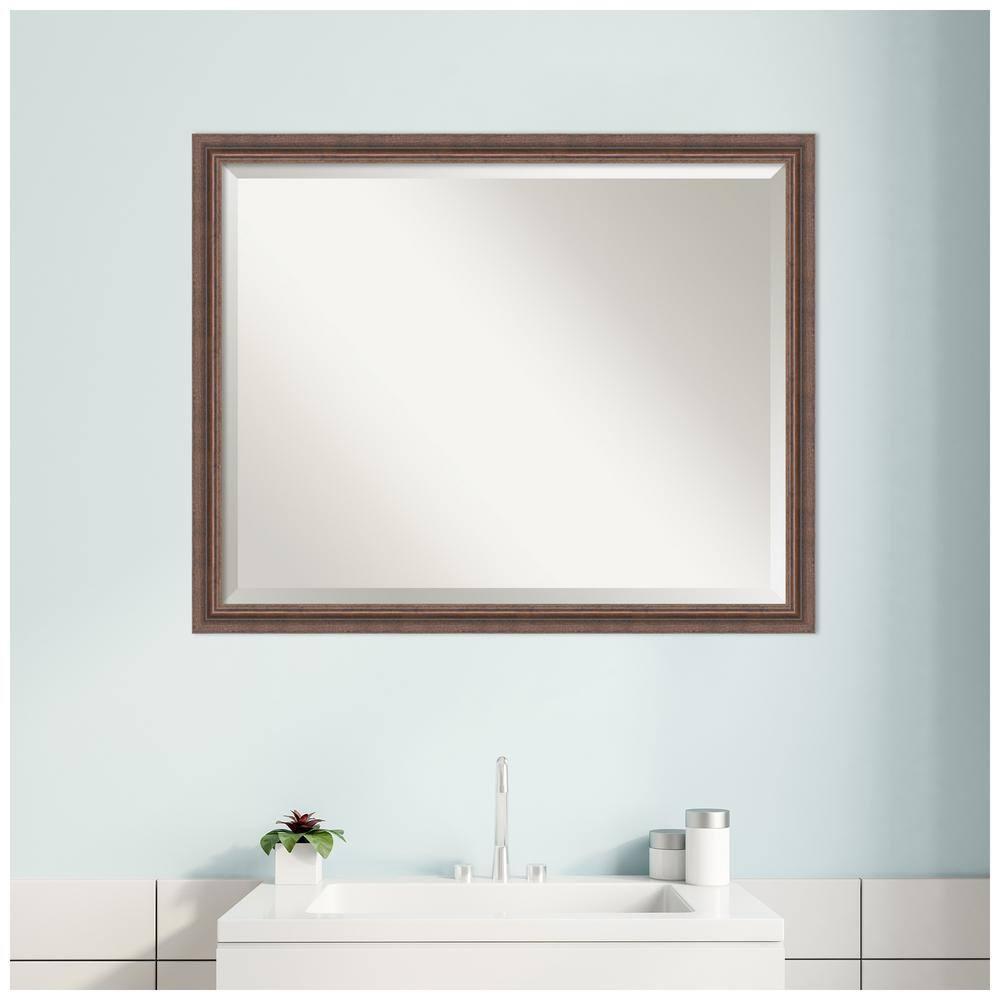 Amanti Art Distressed Rustic Brown Beveled Wood Bathroom Wall Mirror 24.5 x 30.5 in.