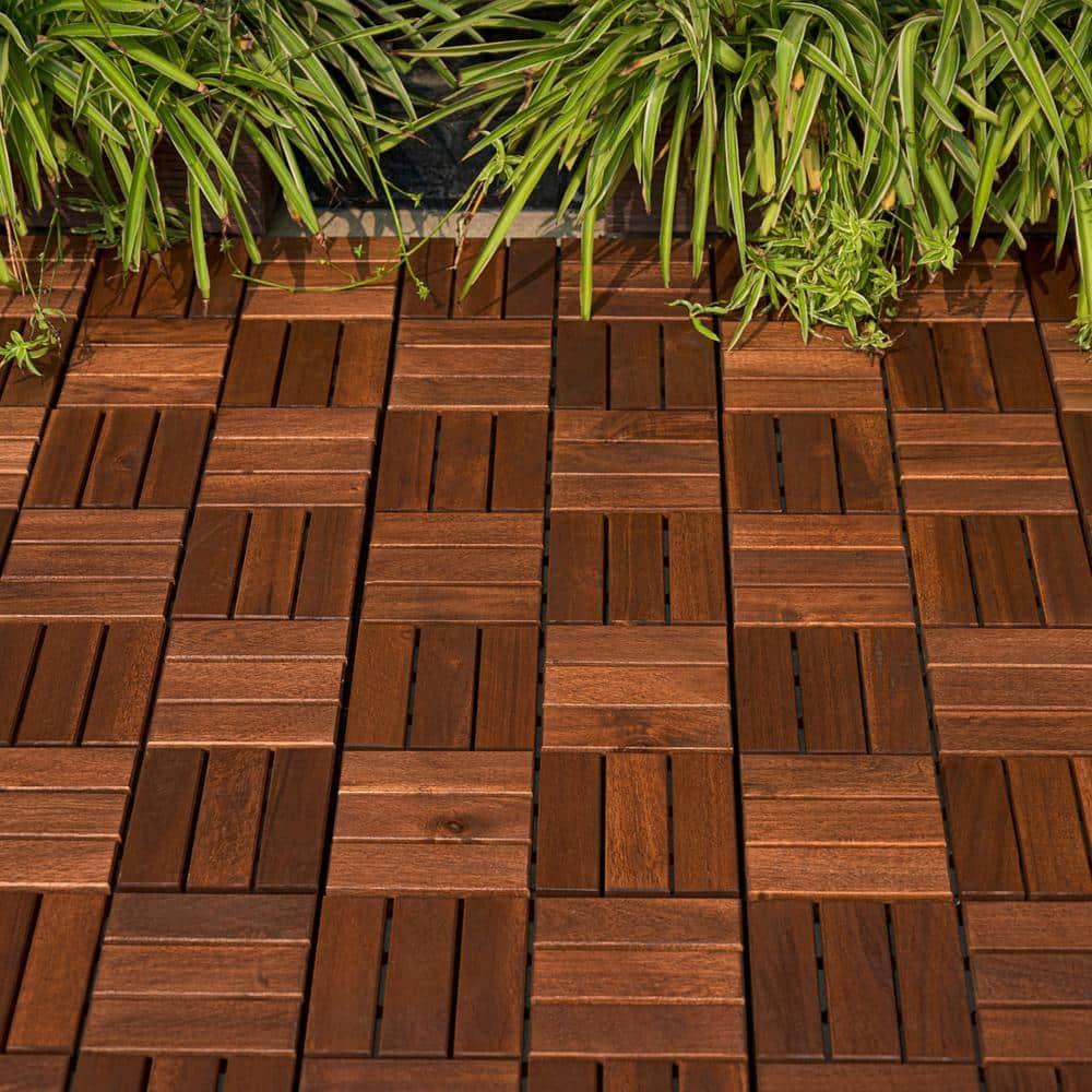 12" x 12" Brown Acacia Wood Interlocking Deck Tiles Set