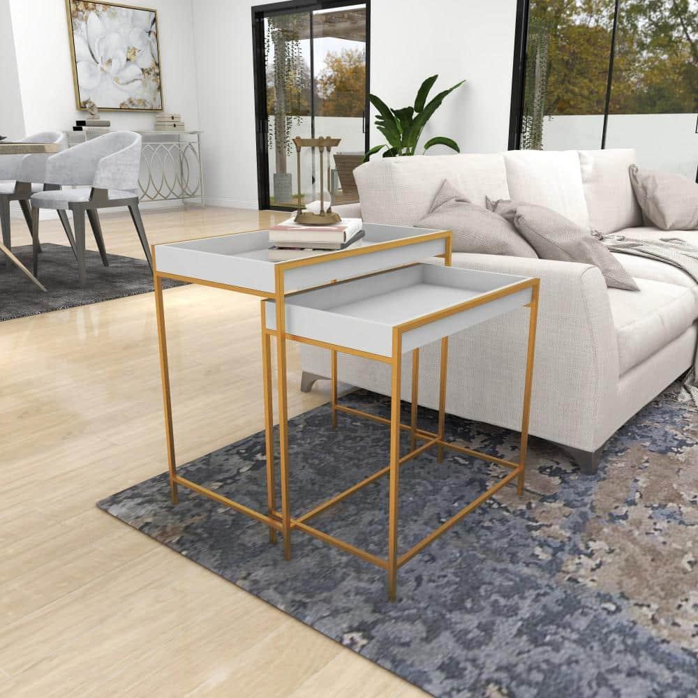 Mercer41 Blaine Wooden Nesting Tray Top Geometric Side End White Accent Table with Gold Metal Legs Set