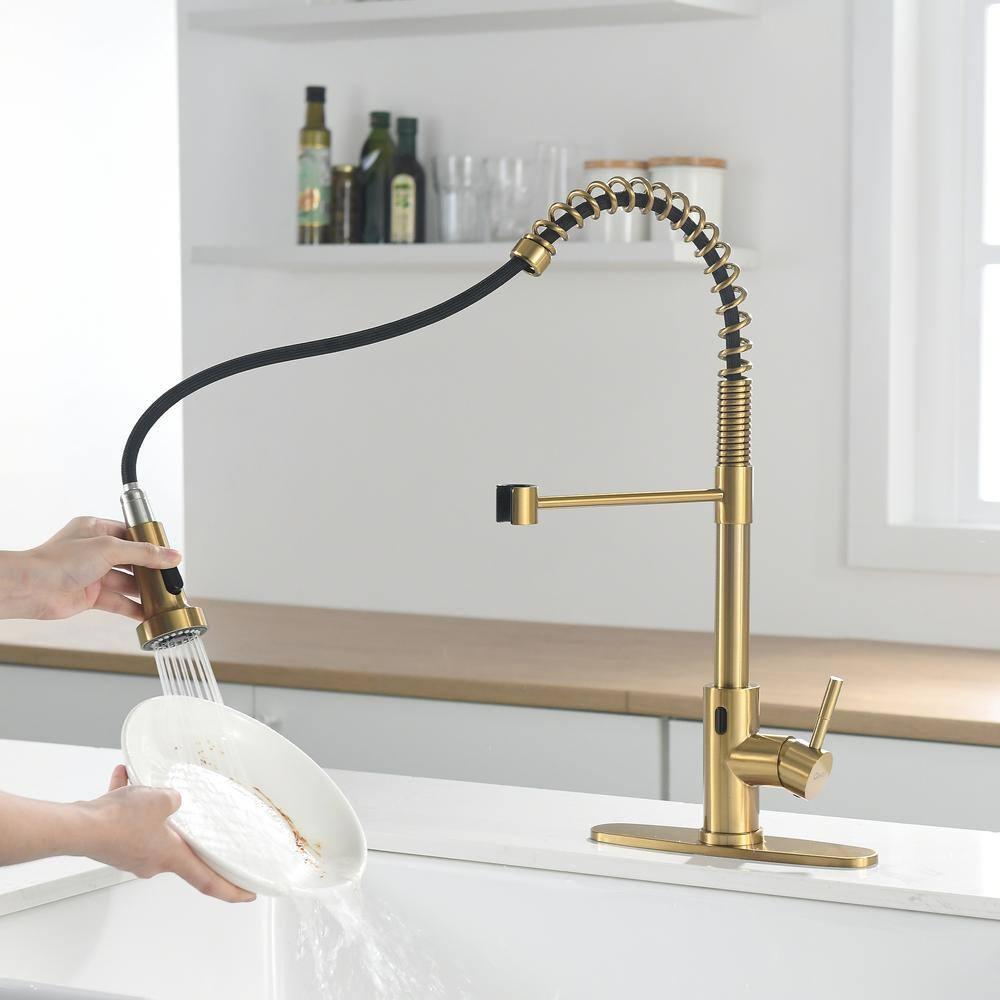 Fapully Touchless Kitchen Faucet with Pull Down Sprayer, Brushed Gold Motion Sensor Smart Commercial Single Handle Single Hole Faucet for Kitchen Sink
