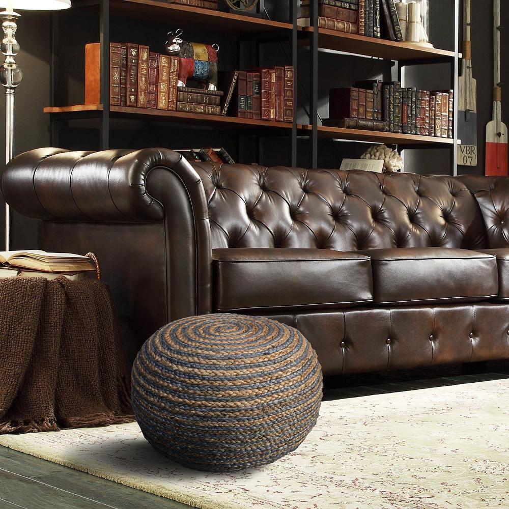 LR Home Savanna Round Grey/Natural Striped Indoor Pouf Ottoman, 20" H x 14" W