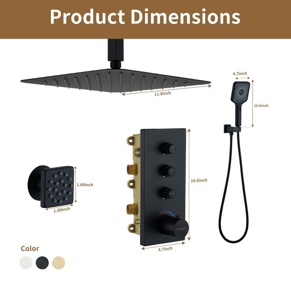 3 Functions 12 Inch Ceiling Mounted Thermostatic Shower System with 6 Body Jets