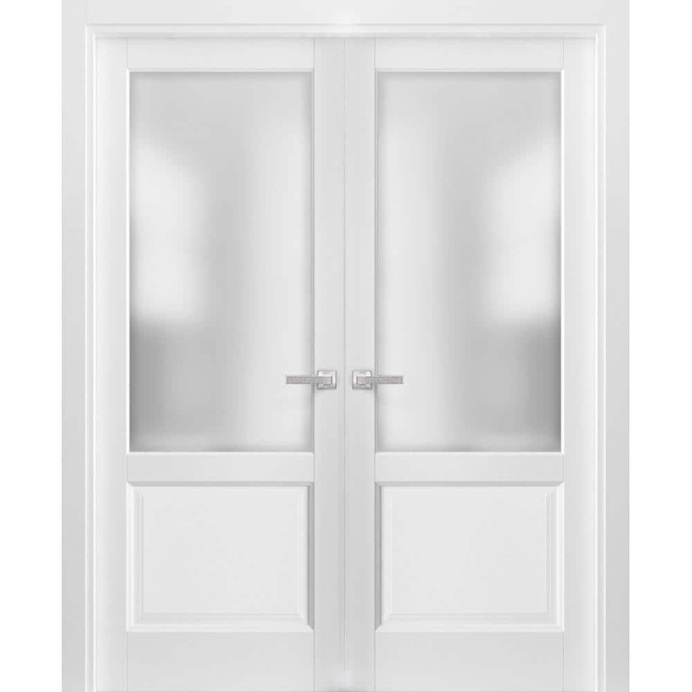 French Double Panel Lite Doors with Hardware | Lucia 22 White Silk with Frosted Opaque Glass | Panel Frame Trims | Bathroom Bedroom Interior Sturdy Door-36" x 84" (2* 18x84)