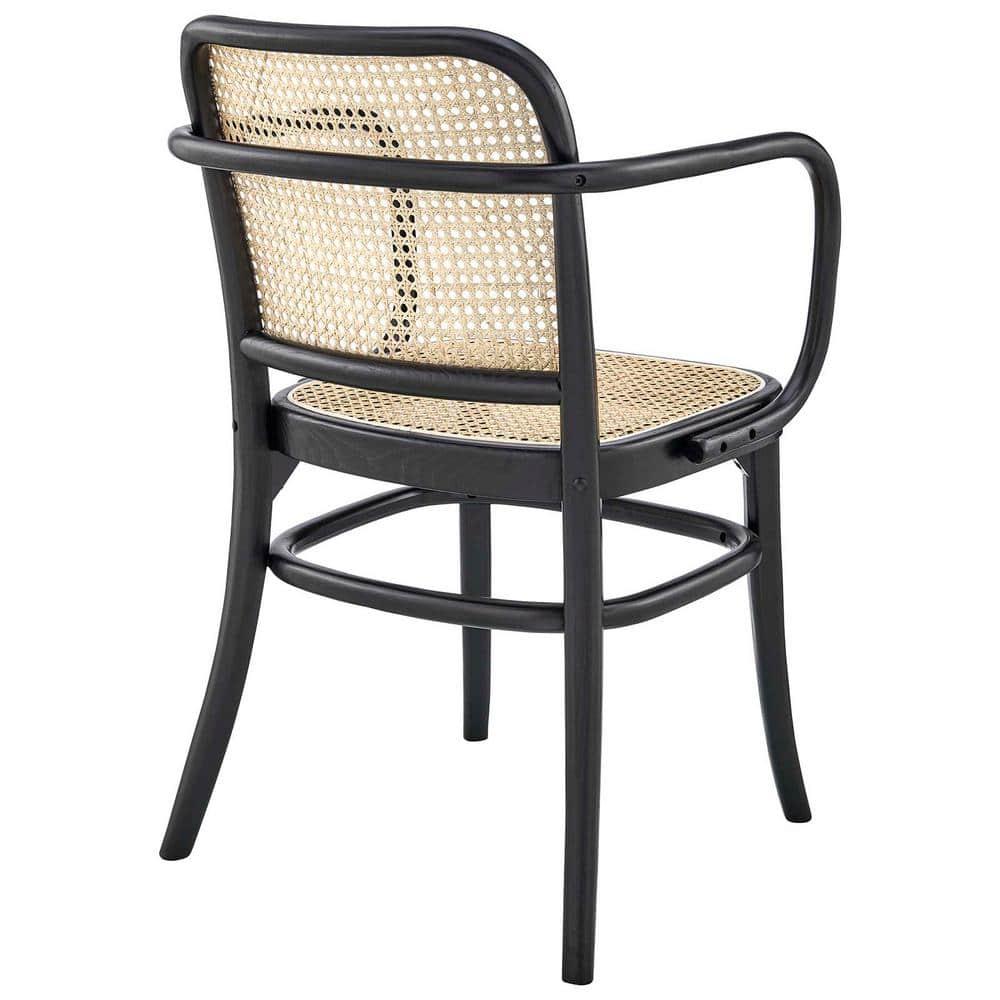 Modway Winona Elm Wood Dining Chair with Cane Rattan Seat in Black 21 x 22.5 x 32