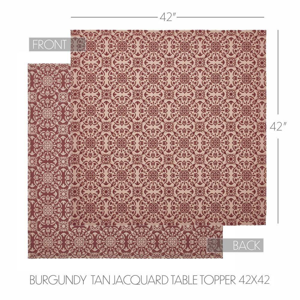 VHC Brands Custom House Burgundy & Tan Jacquard Table Topper 42x42, Kitchen and Dining Room Decor, Tabletop Accessory, Cotton, Custom House Collection, Square 42x42, Natural