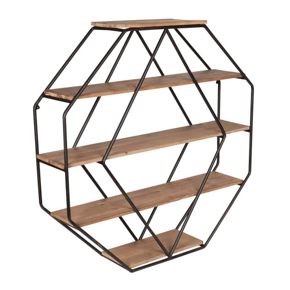 Kate & Laurel All Things Decor Wall Shelf Octagon Shaped Walnut/Black: 5-Tier Metal Floating Decorative Shelving