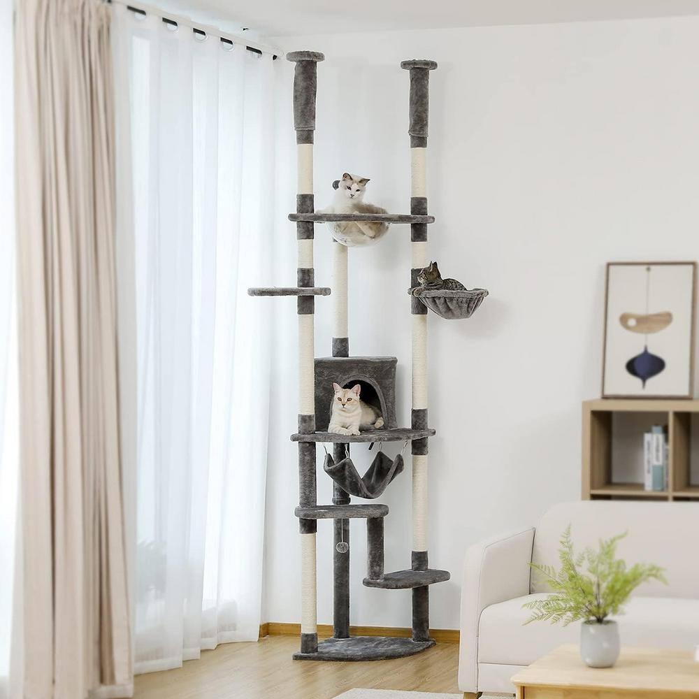 PEQULTI Floor to Ceiling Cat Tree 92.9’’-101.6’’ Height Adjustable Cat Tower Tall Kitty Climbing Play House with Scratching Posts, Cozy Condo, Perches and Large Hammock for Indoor Cats Gray