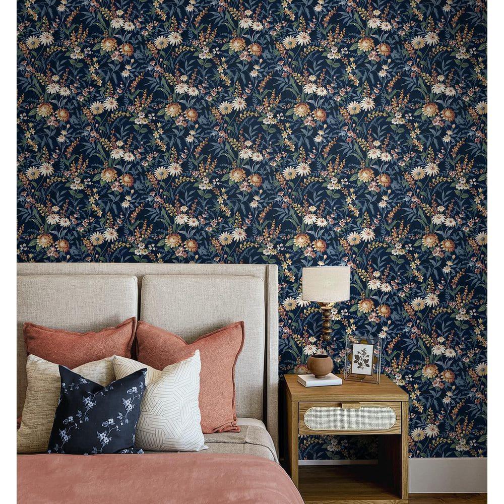 NextWall  Vintage Floral Peel and Stick Wallpaper 20.5 in. W x 18 ft. L - Navy Blue