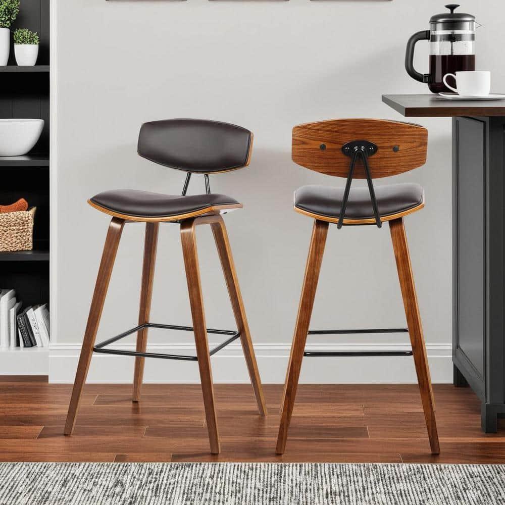 Armen Living 26" Fox Mid-Century Counter Height Barstool in Brown Faux Leather with Walnut Wood: Upholstered Square Seat, Padded Back