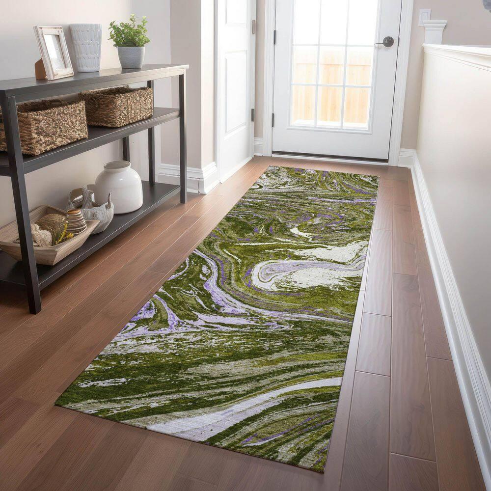 Olive Abstract Washable Synthetic Runner Rug 2'3" x 7'6"