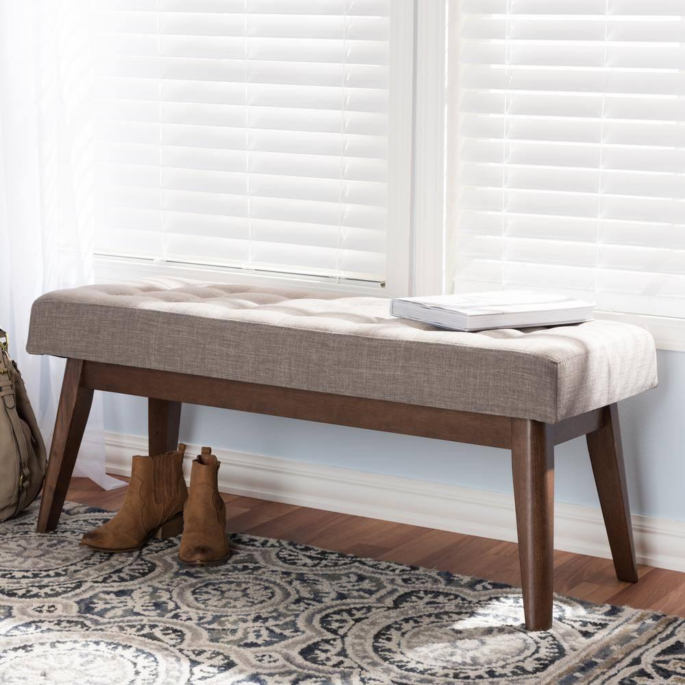 Elia Mid Century Modern Walnut Wood Fabric Button Tufted Bench Light Gray - Baxton Studio
