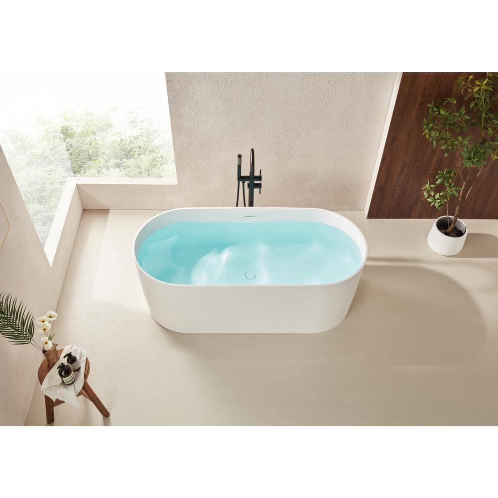 59" x 29.5" Freestanding Soaking Stone Resin Bathtub with Pure White Overflow and Pop Up Drain