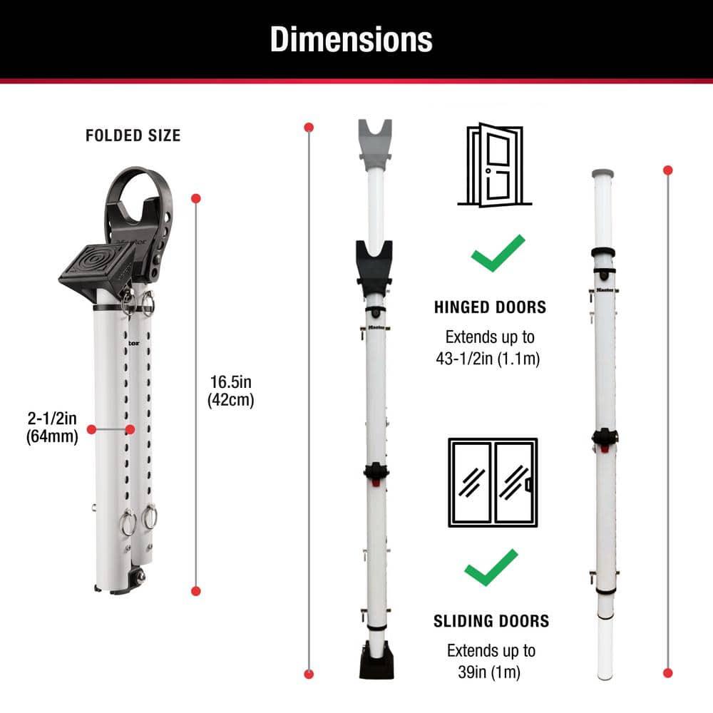 Master Lock Door Bar Dual Function Security: Metal Safety Bar for Door, Black & White, Lifetime Warranty