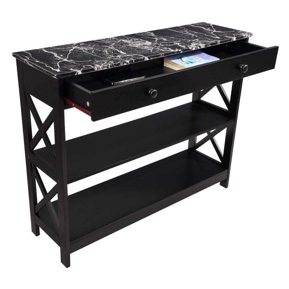TiaGOC 1 Drawer Console Table with Shelves, Black Faux Marble/Black