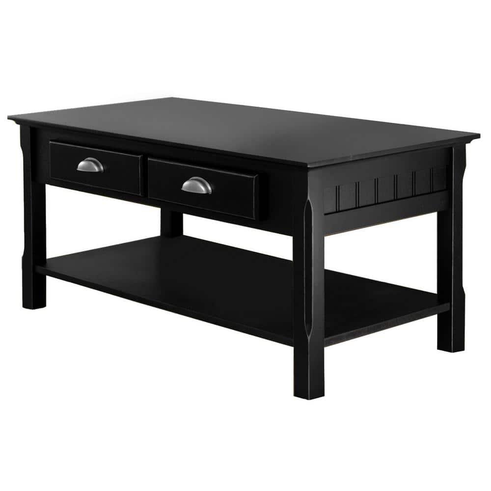 Timer Coffee Table, Drawers and Shelf - Black - Winsome: Solid Wood, Chrome Handle Accents