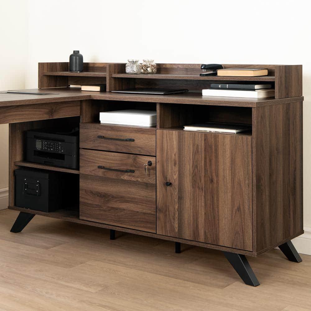 Helsy L-Shaped Desk with Power Bar and Removable Hutch Natural Walnut
