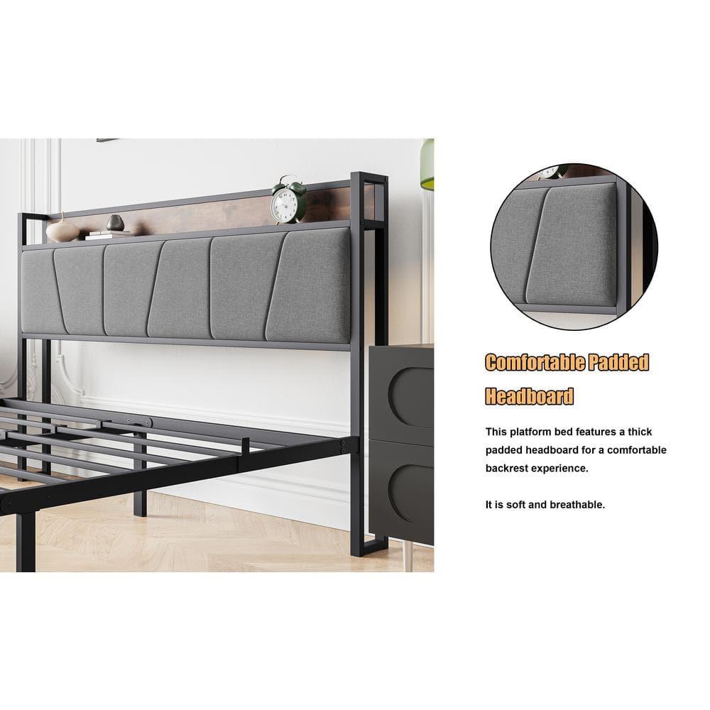 BTMWAY Queen Size Bed Frame for Kids, New Upgraded Metal Queen Platform Bed with Storage Headboard with Charging Station, Bedroom Metal Bed for Teens Adults, Holds 400lbs, No Box Spring Needed, Black