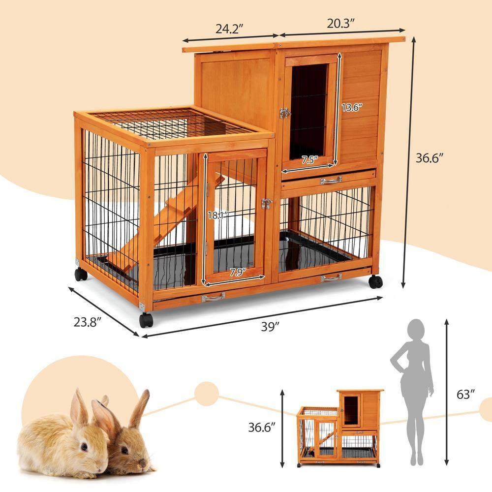 COZIWOW Wooden Rabbit Hutch Hamster Habitat Bunny House Outdoor w/ 4 Casters 2 Cleaning Trays