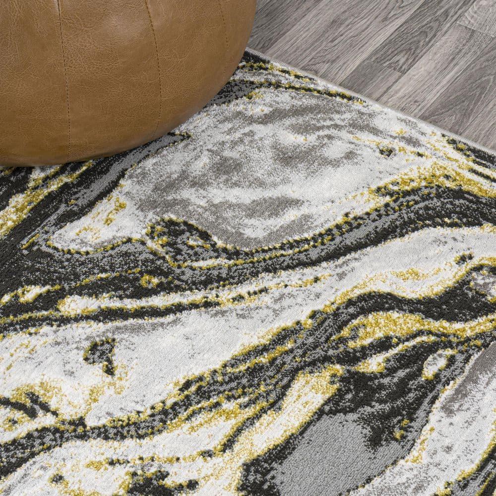 2'x10' Swirl Marbled Abstract, Black/Yellow - JONATHAN Y