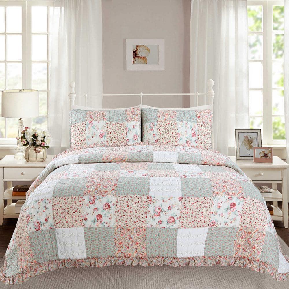 Cozy Line Home Fashions 100% Cotton Real Patchwork Floral Coral Pink Ruffled Shabby Chic Girly Reversible Quilt Bedding Set, Coverlet Bedspread (Sweet Roses, Queen - 3 Piece)