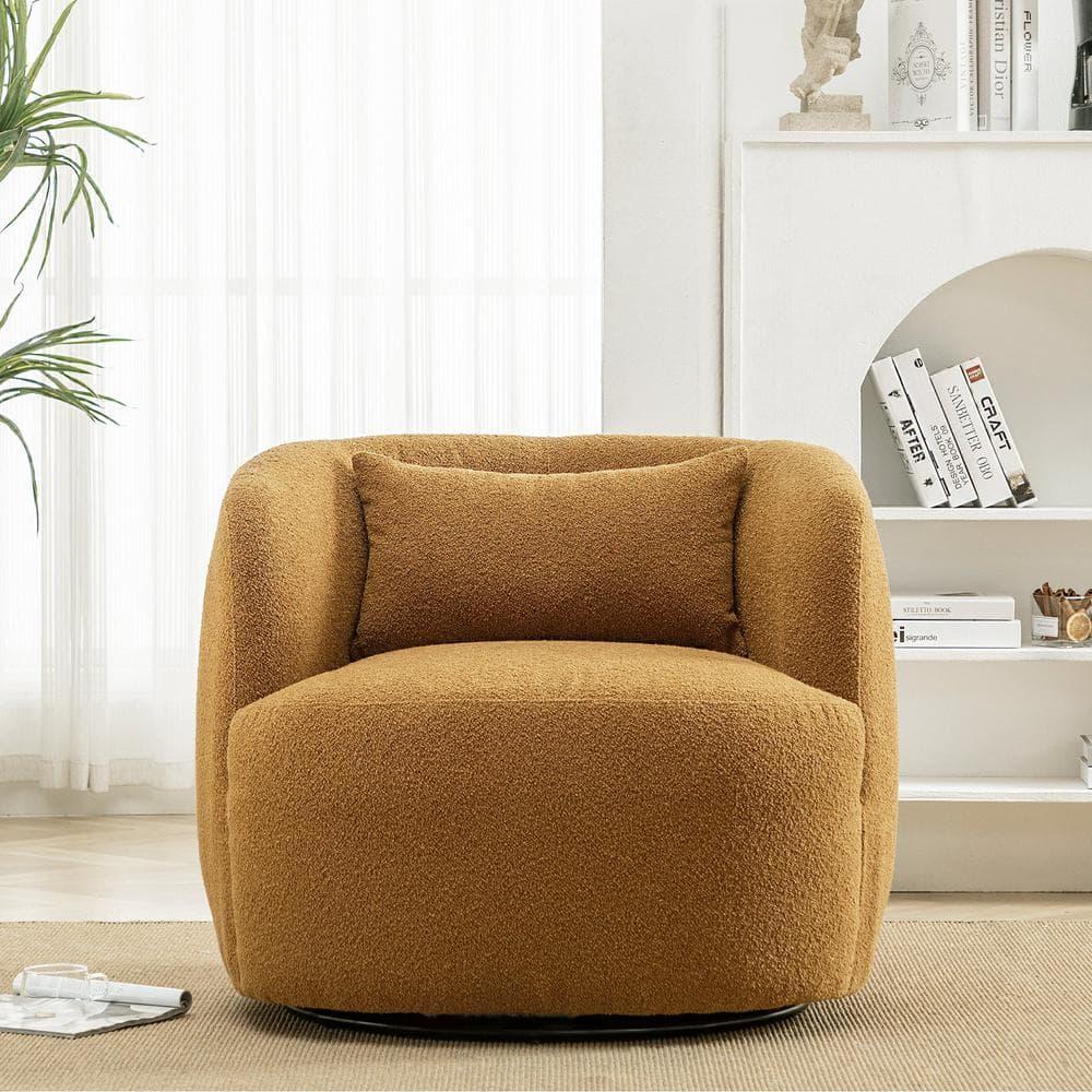 34" Wide Boucle Swivel Barrel Chair, No Assembly Round Upholstered Armchair Accent Chair Single Sofa Chair with Toss Pillow for Living Room and Bedroom, Brown