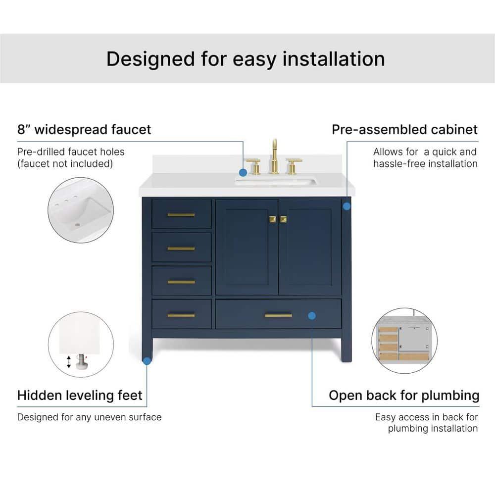 ARIEL Cambridge 43 Inch Midnight Blue Bathroom Vanity with Single Sink, Solid Wood, White Quartz Countertop, 1.5-Inch Edge, Right Rectangular Undermount Sink, 2 Soft Closing Doors, 5 Drawers