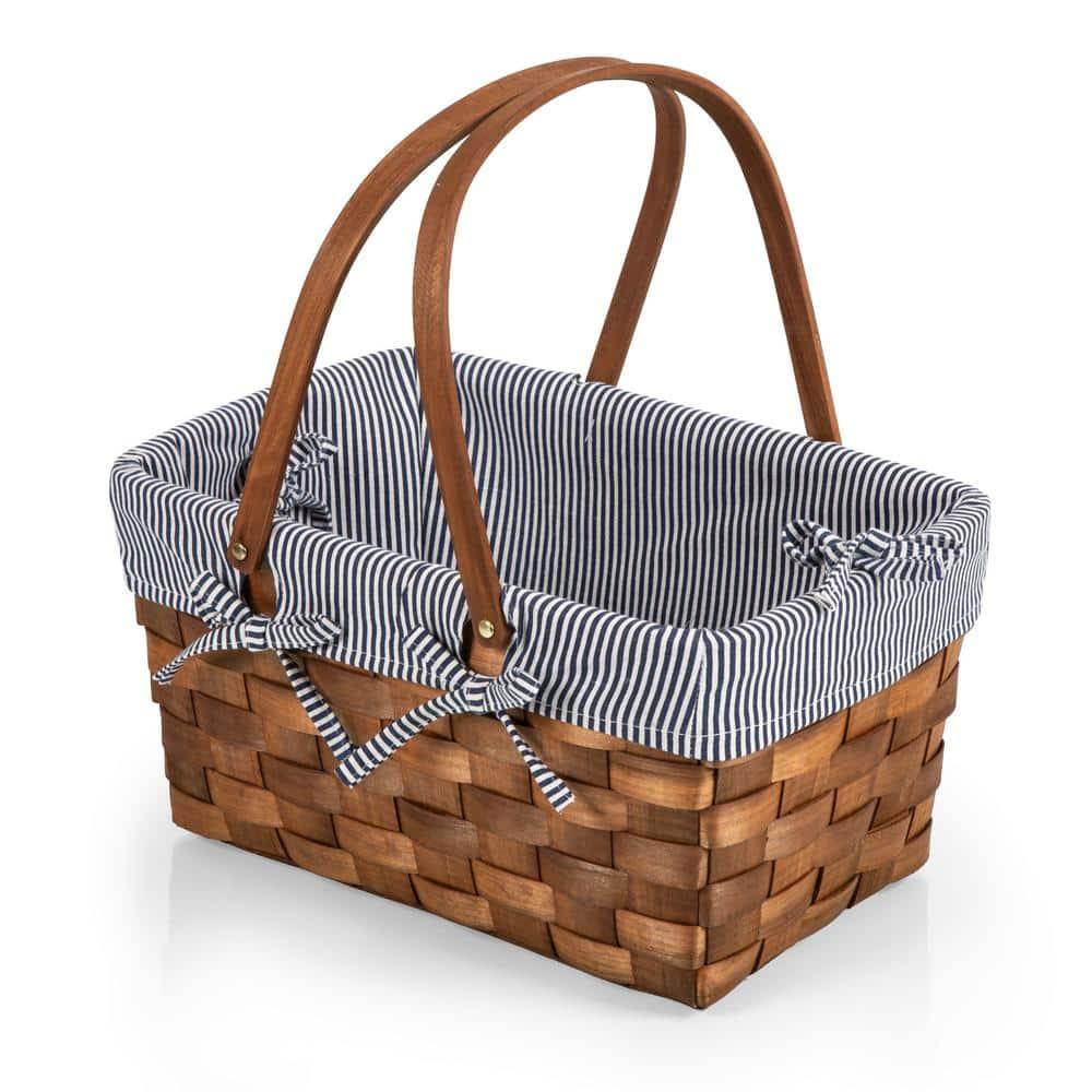 Picnic Time Kansas Handwoven Wood Picnic Basket with Navy Blue and White Stripe