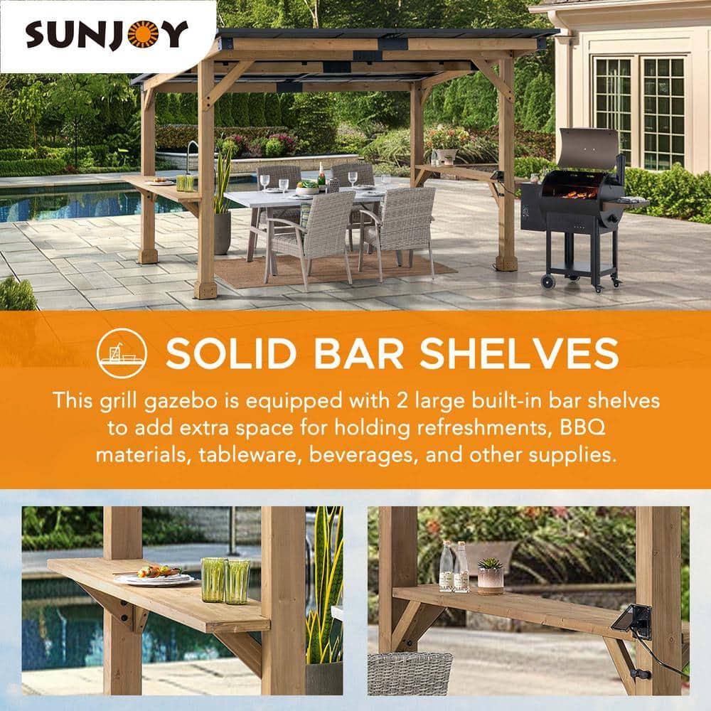 Sunjoy Sunjoy Wooden Grill Gazebo 10 ft. x 12 ft. Outdoor Cedar Frame BBQ Gazebo, Backyard Hot Tub Gazebo with Metal Hardtop Roof, Exclusive PowerPort and Bar Shelves