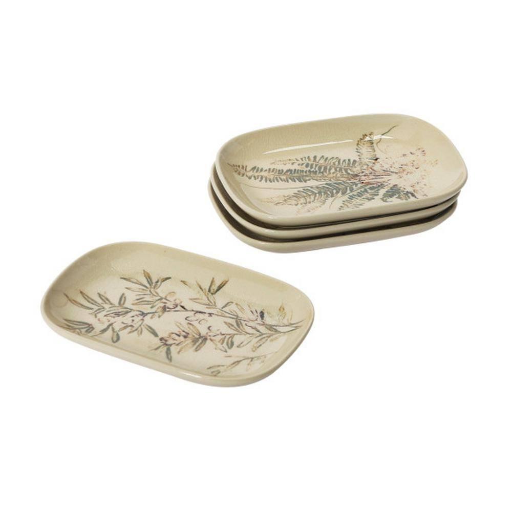 Creative Co-Op Debossed Stoneware Dish, Cream and Green Reactive Glaze, Set of 4 Styles