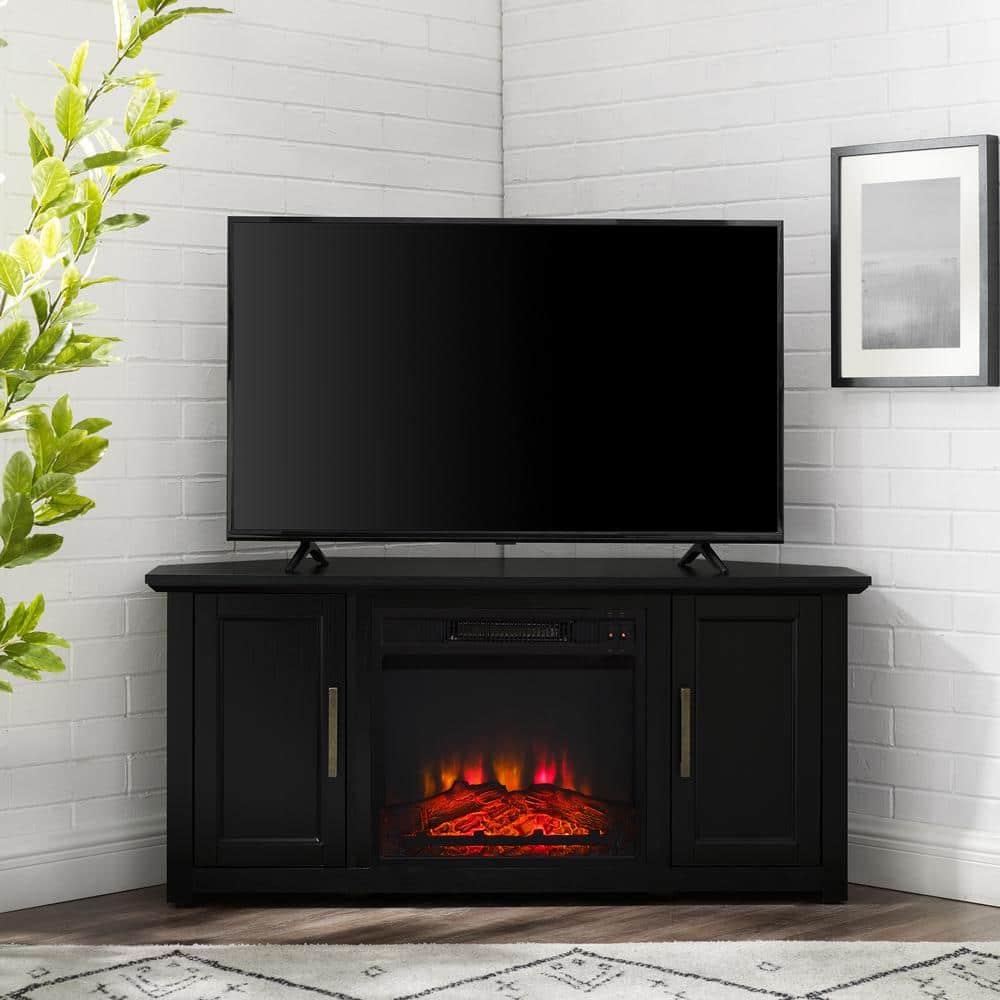 Crosley Camden Corner TV Stand for TVs up to 50" with Fireplace Black : Mid-Century Modern, Adjustable Shelves, Cable Management