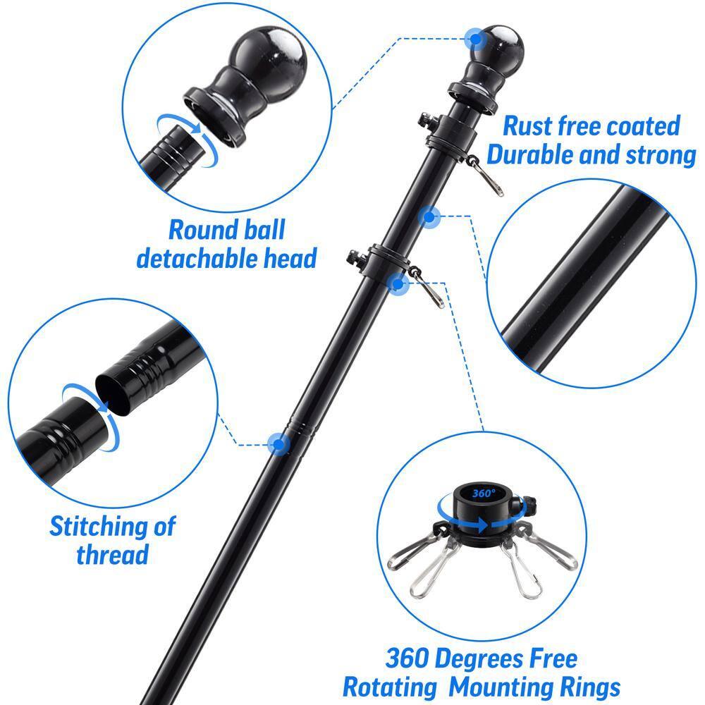 6FT Flag Pole Kit,Stainless Steel Heavy Duty Black American US Flagpole, Rustproof for Outdoor Garden Roof Walls Yard (Without Bracket)