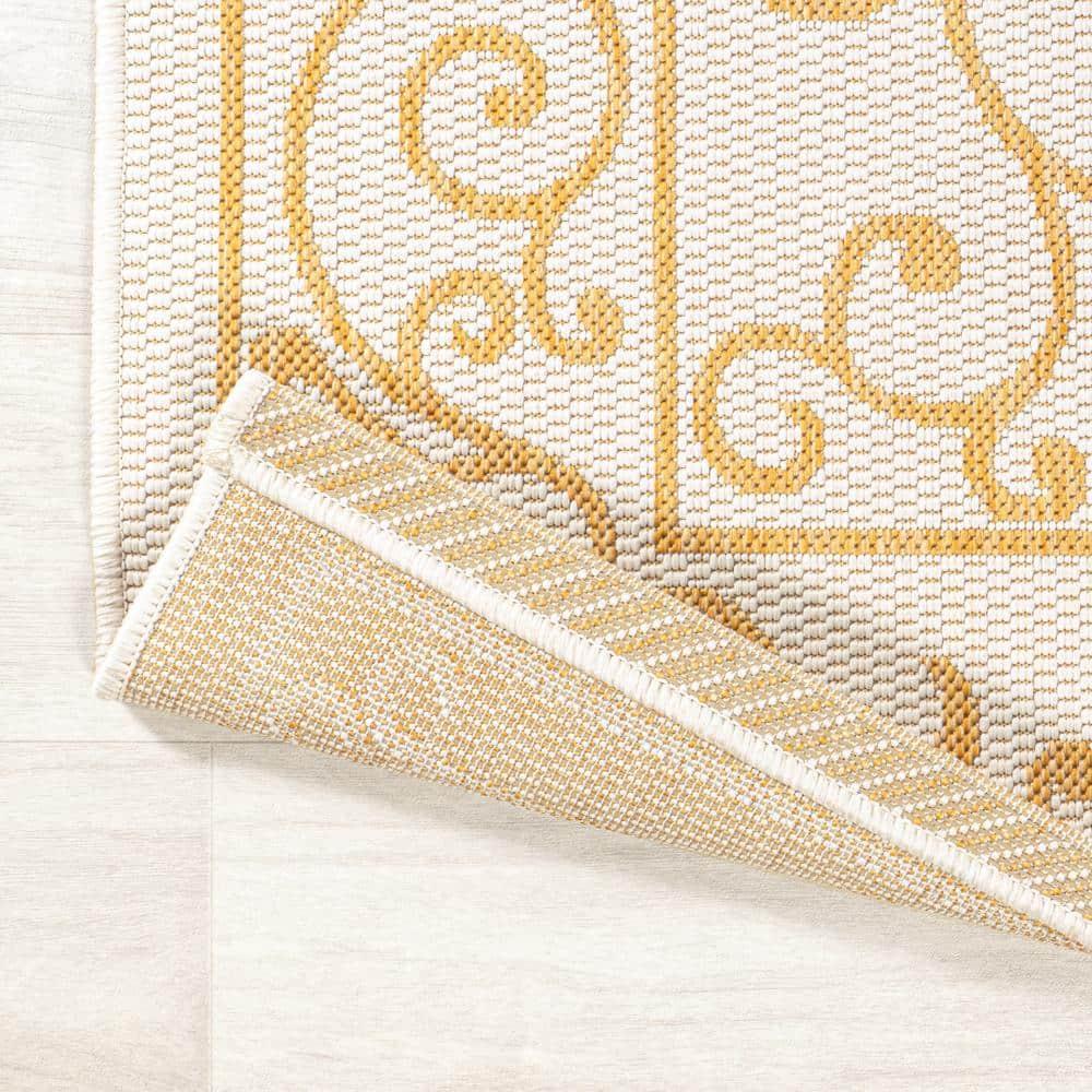 5' x 5' Charleston Vintage Filigree Textured Weave Indoor/Outdoor Area Rug, Cream/Yellow - JONATHAN Y