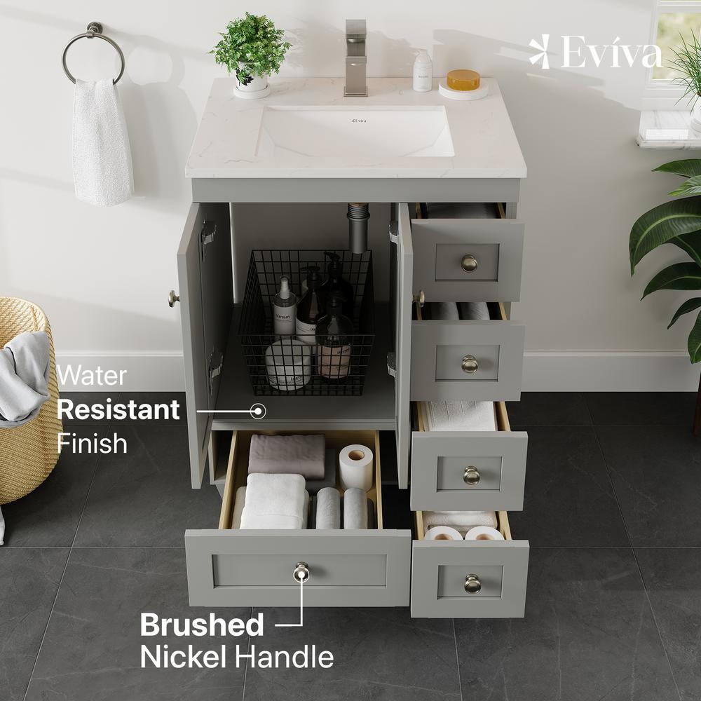 Eviva Acclaim 24" Gray Transitional Bathroom Vanity w/ White Quartz Top
