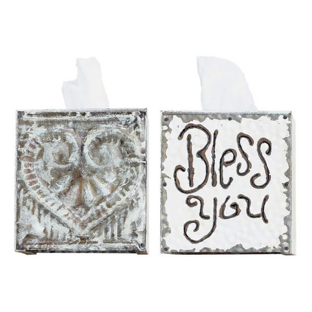 Creative Co-Op Wood & Metal "Bless You" Tissue Box Cover