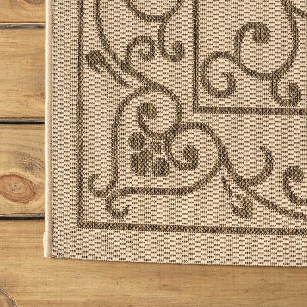 2' X 10' Charleston Vintage Filigree Textured Weave Indoor/Outdoor Runner Rug, Beige/Brown - JONATHAN Y