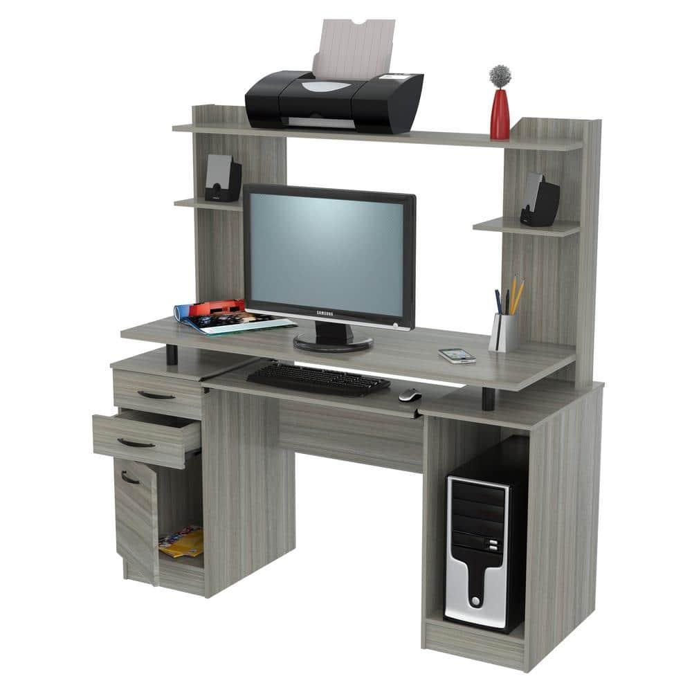 Computer Workcentre With Hutch Smoke Oak - Inval: Modern Laminate Writing Desk, MDF Frame, Open Shelf Storage