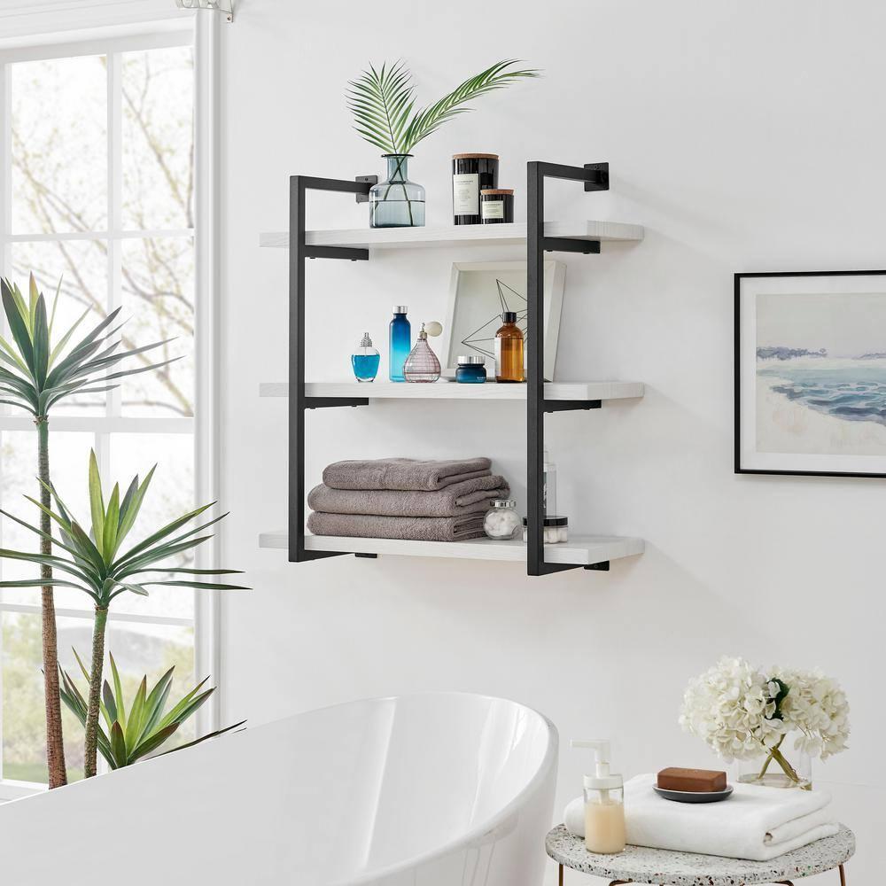 Danya B. 31.5" x 33.2" Modern 3 Tier Hanging Bracket Wall Shelve White Birch: Laminated MDF, Iron Frame, Floating Design