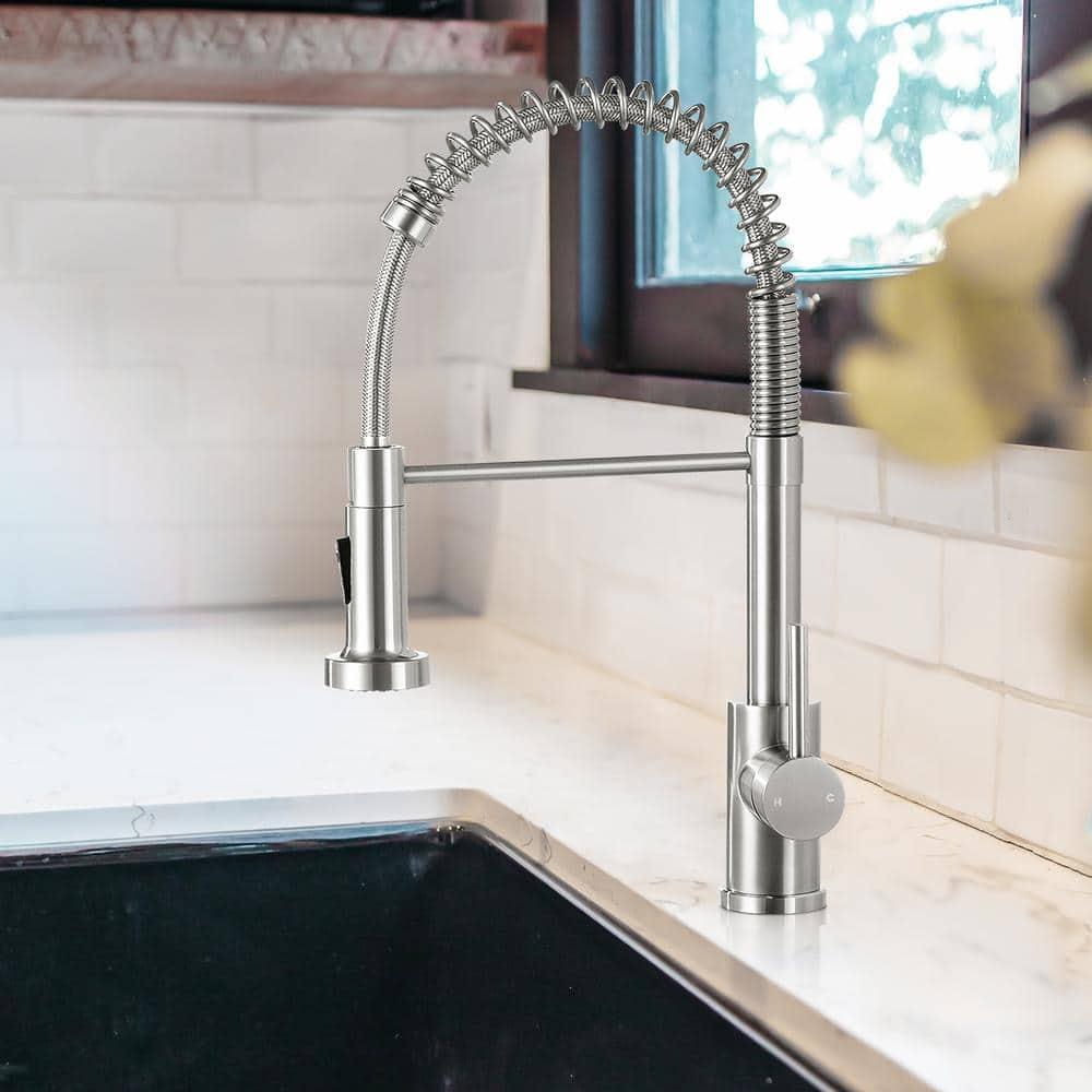 1-Handle Pull Down Sprayer Kitchen Faucet Spring Stainless Steel Kitchen Sink Faucet in Brushed Nickel