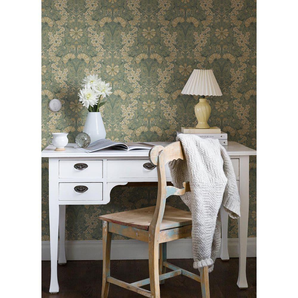 Ojvind Blue Sea Green Floral Ogee Paper Matte Non-Pasted Wallpaper Roll