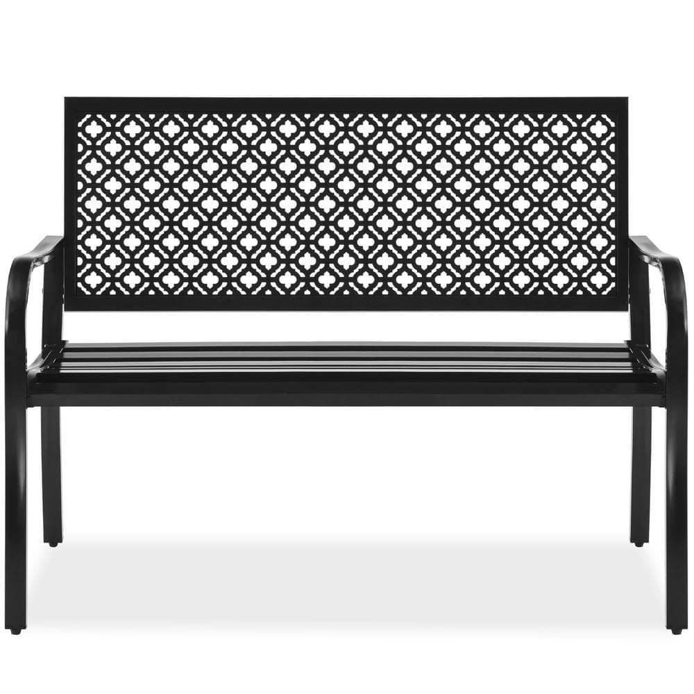 Red Barrel Studio® 2-Person Outdoor Metal Bench with Geometric Backrest, 790lb Capacity, for Garden, Patio, and Entryway