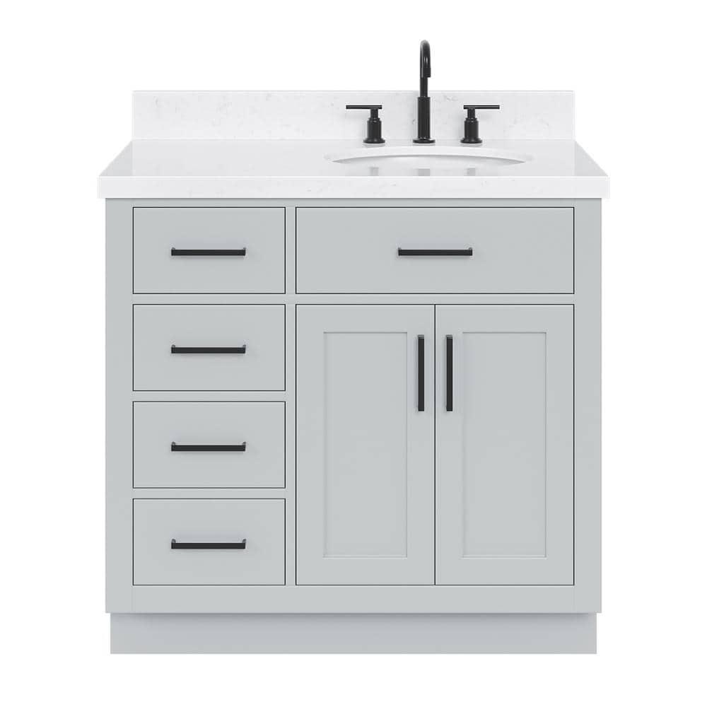 Thornaby 36'' Solid Wood Single Bathroom Vanity with 1.5'' Carrara Quartz Top, Left Offset Oval Sink