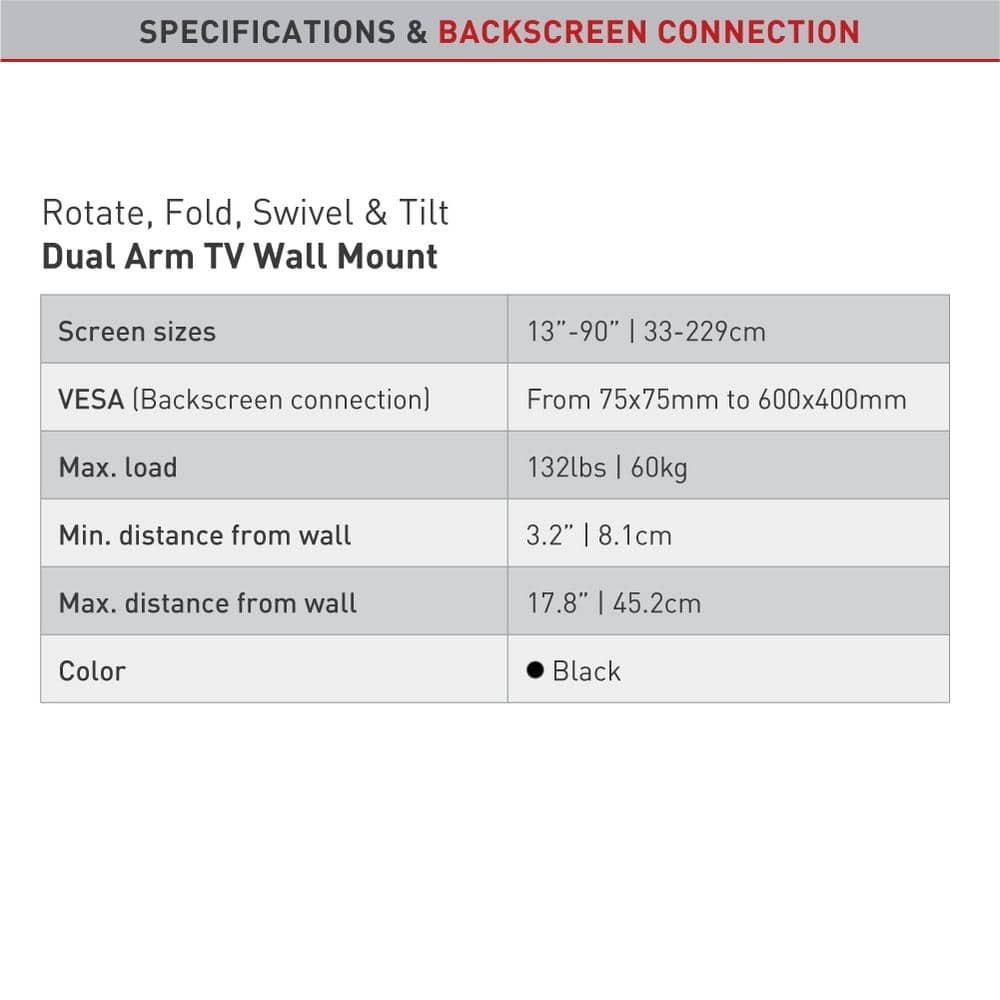 Barkan 13" - 90" Full Motion, Dual Arm TV Wall Mount - Extension, Swivel & Tilt